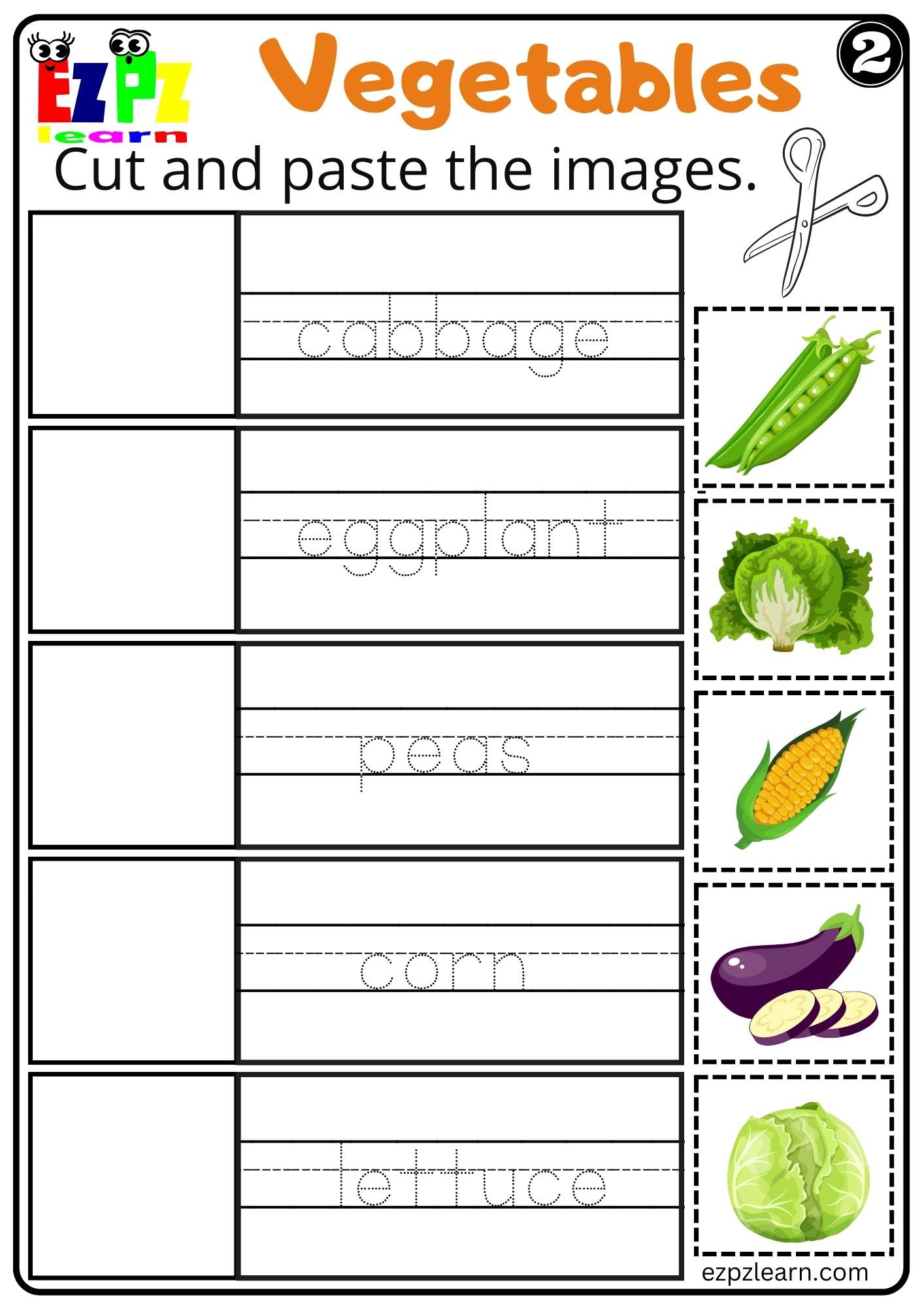 Vegetables Cut and Paste Worksheet for Kindergarten K5 and ESL Students Set 2